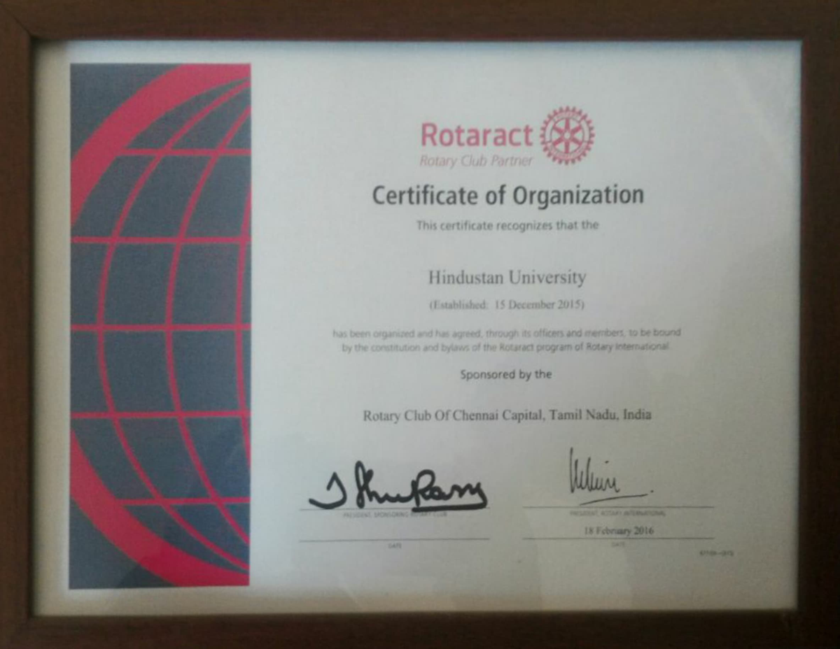 Rotaract Club of Hindustan University charter certificate